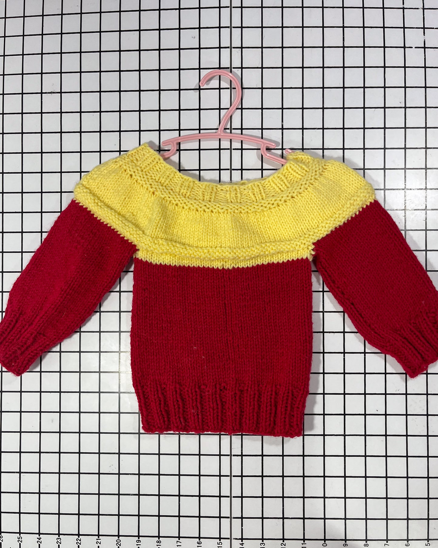 Handknit Yellow and Red colour block Sweater- approx size 12mos
