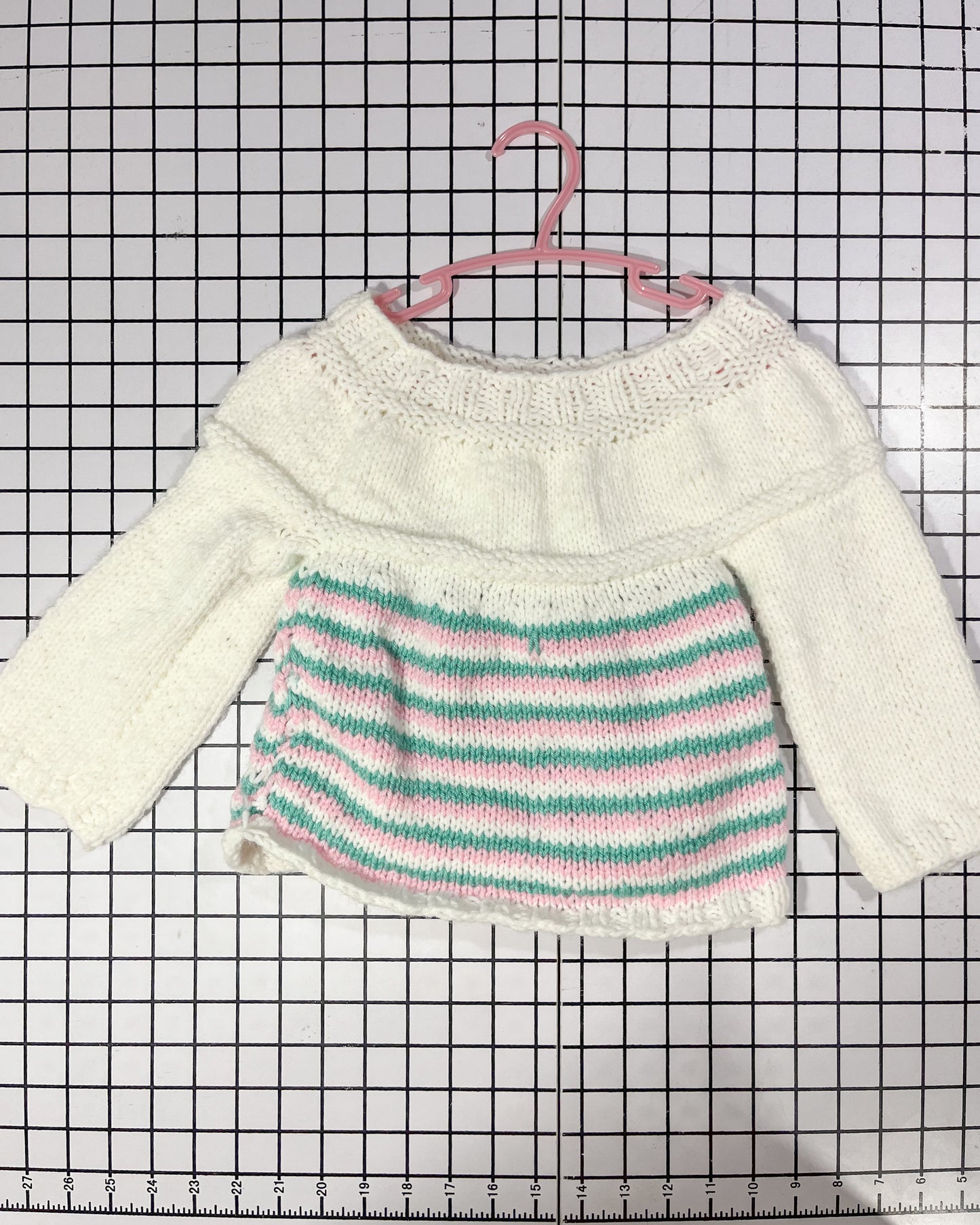 Handknit White Teal and Pink Striped Sweater- approx size 12-18mos