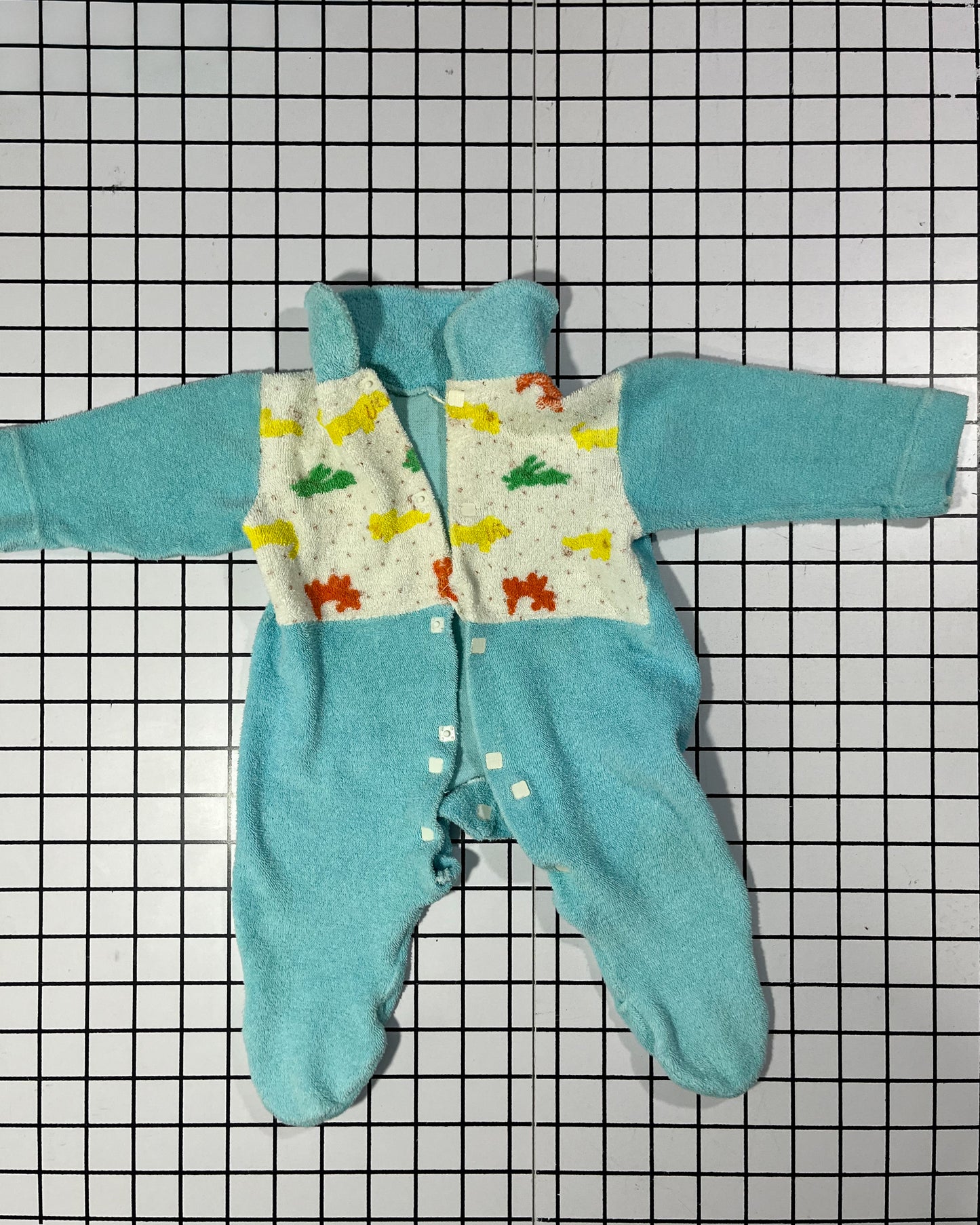 Vintage Blue Terry Rabbit Print Footed Sleeper - approx size 0-3mos