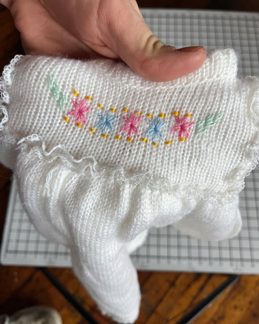 White handknit sleeper dress - embroidered flowers - approx size 12m