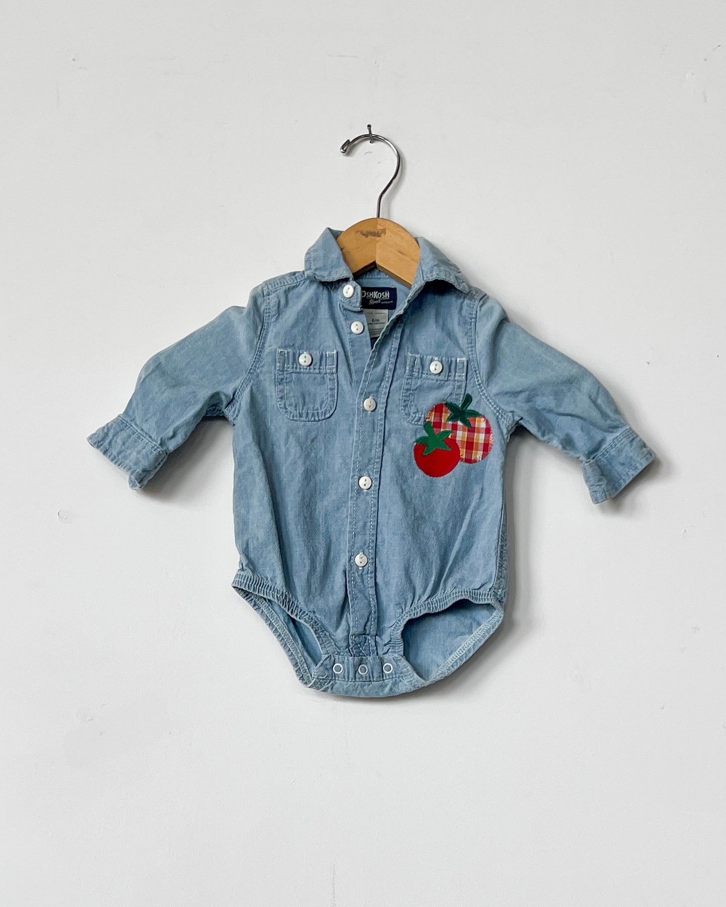 Denim Chambray Tomato Button Up Onesie Overall - Size 6mos