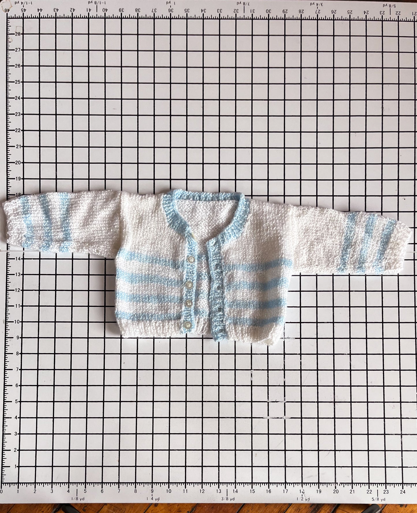 White and Blue Handknit Cardigan - approx size 9-12m