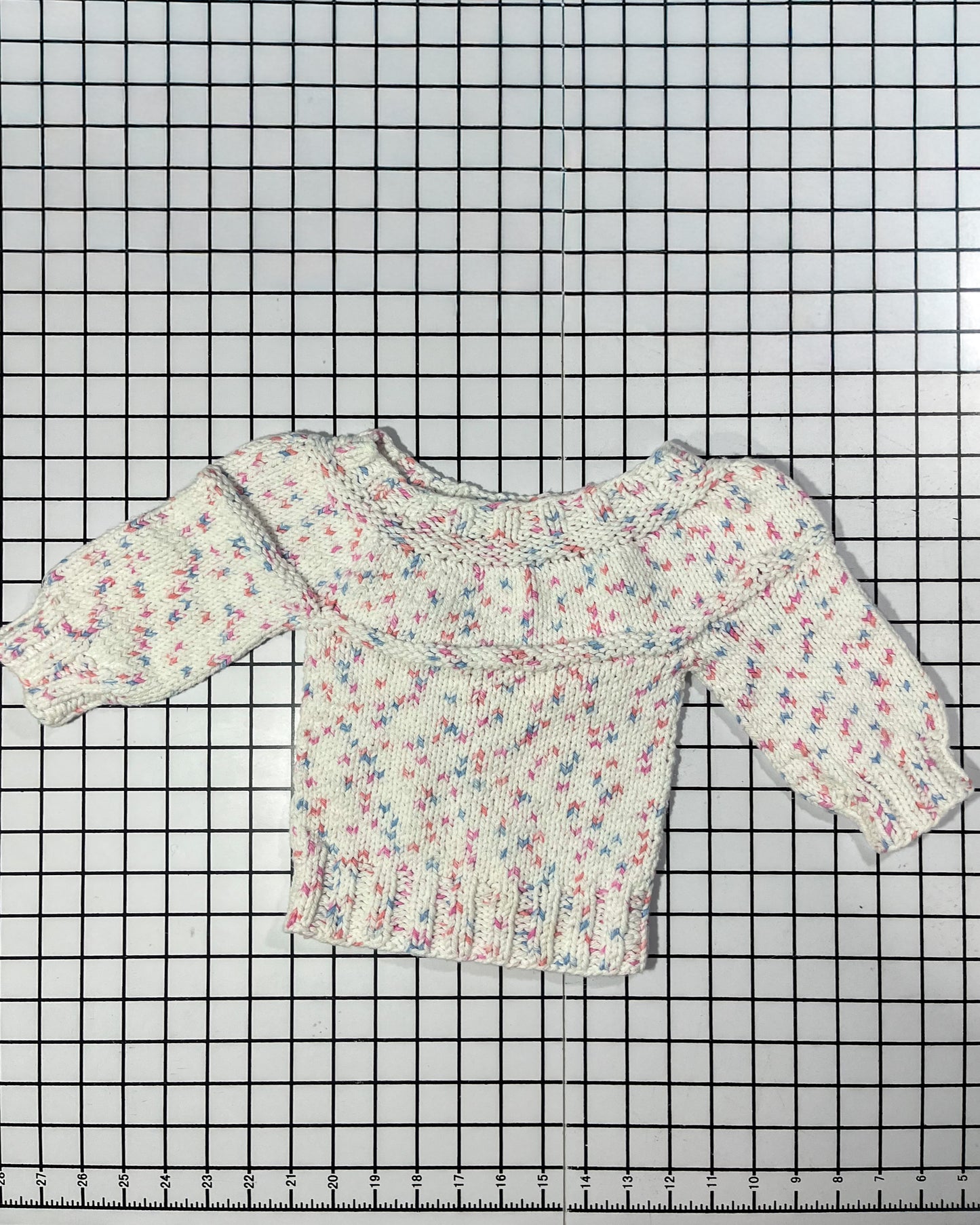 Handknit 100% cotton, white pink and blue speckled sweater - approx size 9 mos