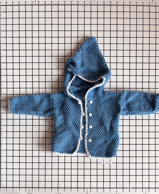 Blue Pixie Hooded Handknit Button up- approx size 9m
