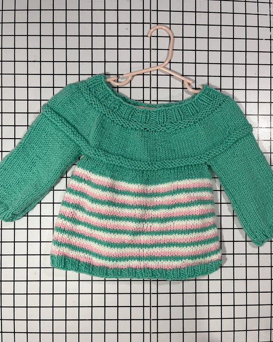 Handknit Green and Pink Striped Sweater- approx size 18-24mos