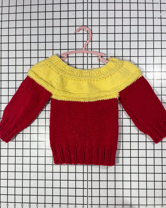 Handknit Yellow and Red colour block Sweater- approx size 12mos