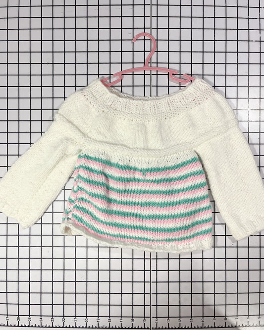 Handknit White Teal and Pink Striped Sweater- approx size 12-18mos