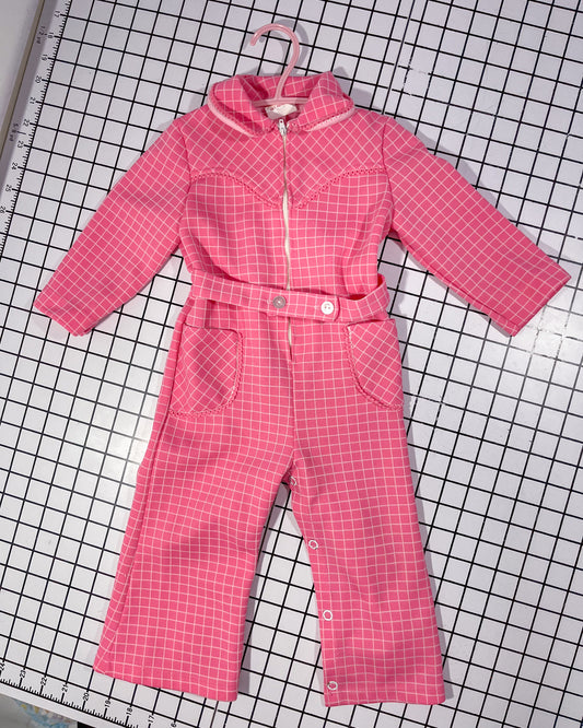 Vintage Pink Tile Pattern Bell Bottom Full Zip Romper - approx size 2T