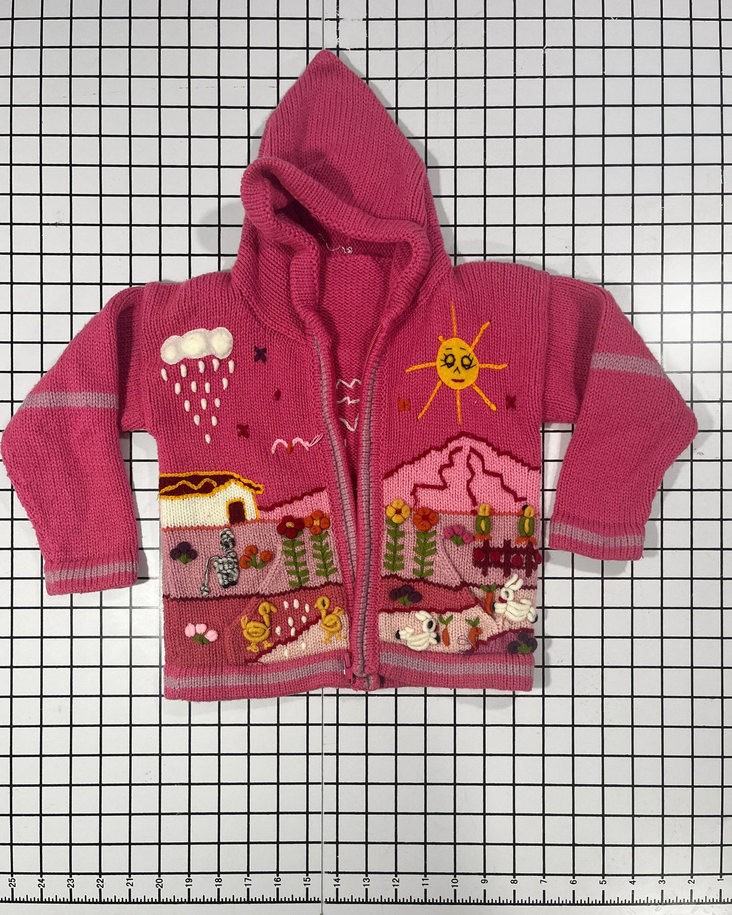 Hand knit Pink Farm Scene hooded zip up  - approx size 2/3T