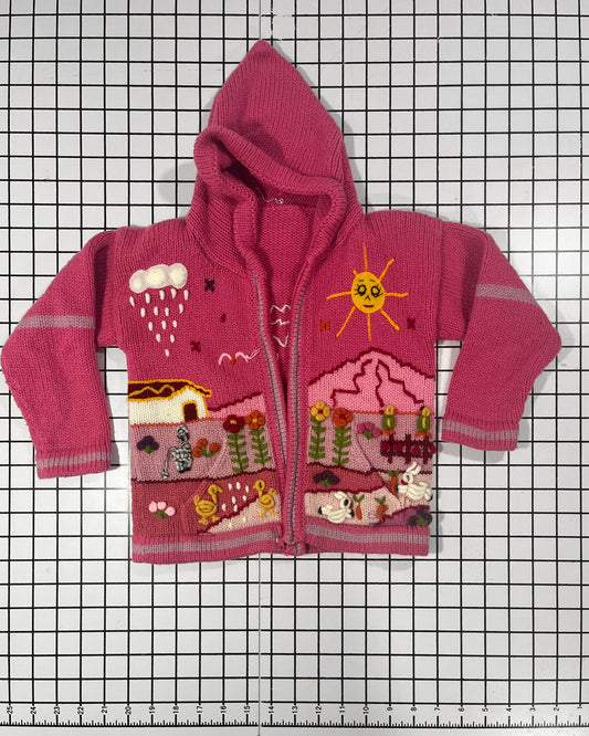 Hand knit Pink Farm Scene hooded zip up  - approx size 2/3T