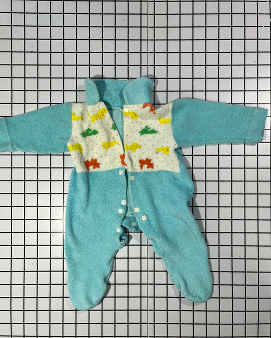 Vintage Blue Terry Rabbit Print Footed Sleeper - approx size 0-3mos
