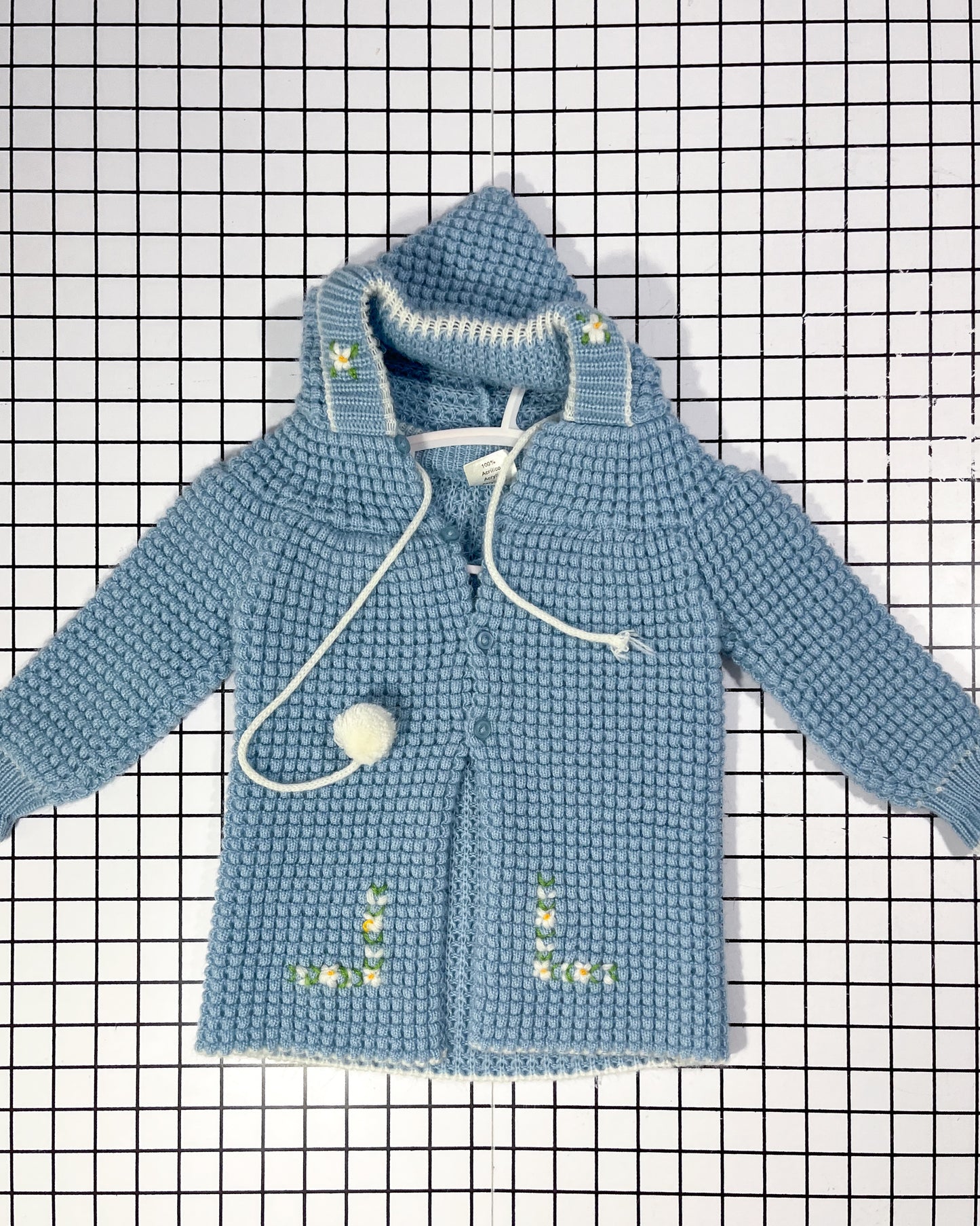 Vintage Handmade Hooded Floral Cardigan - approx size 2T (one Pom Pom missing)