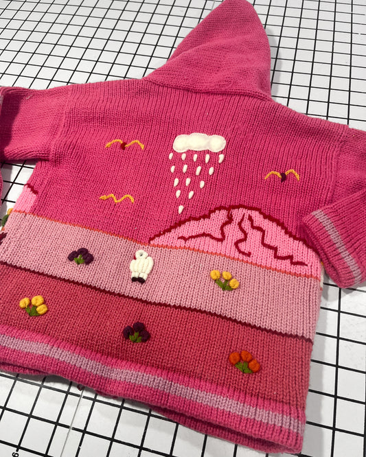 Hand knit Pink Farm Scene hooded zip up  - approx size 2/3T