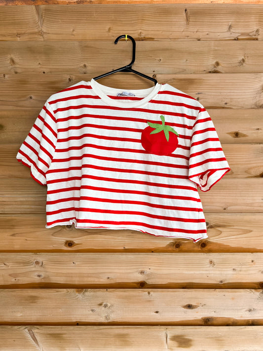 Red and White Tomato Striped Cropped T - size adult large