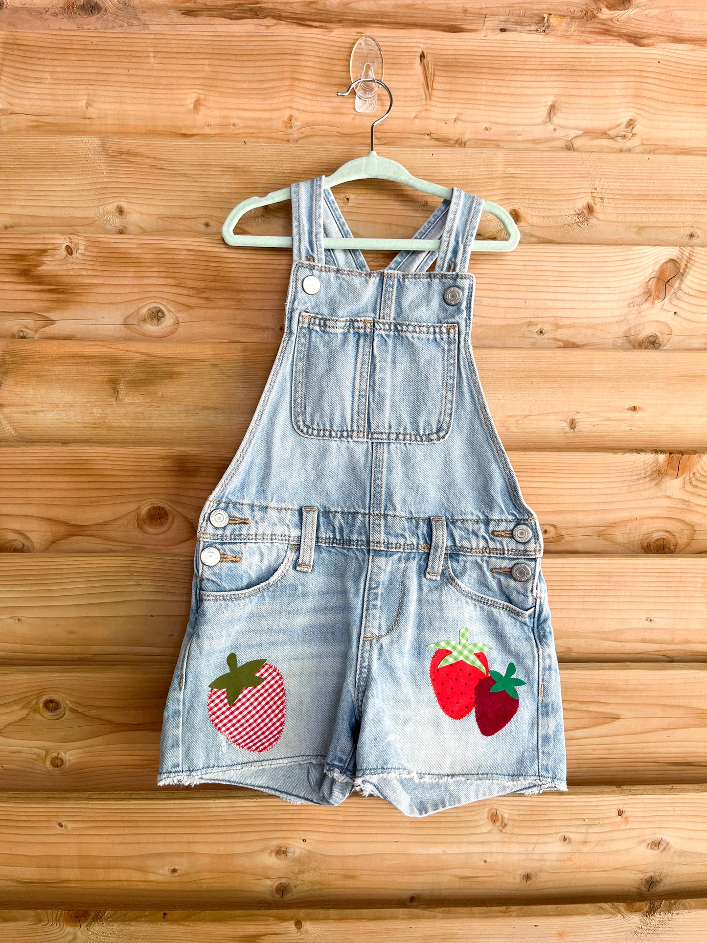 Denim Strawberry Overall Shorts - size 6-7