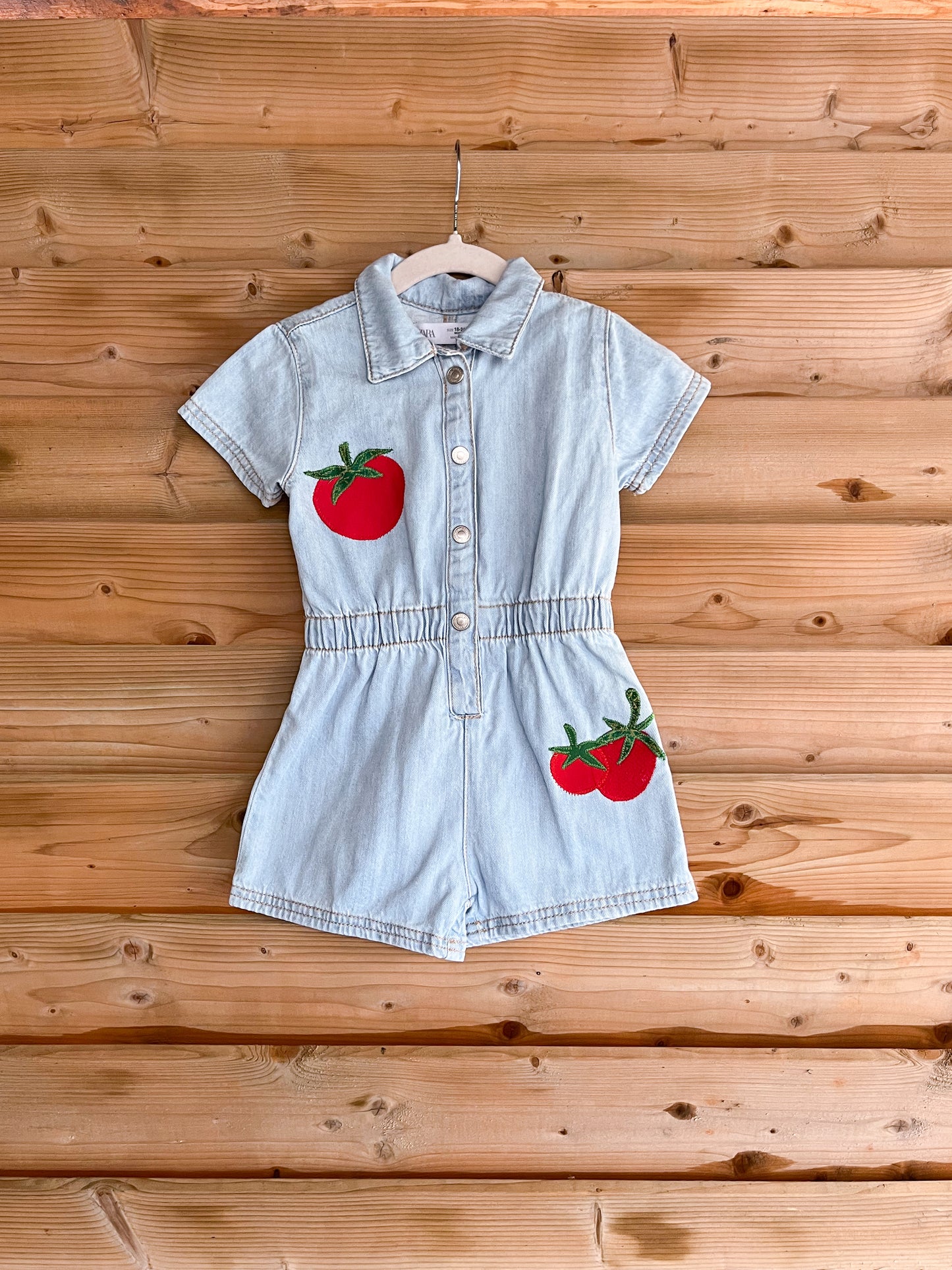 Short Sleeve Denim Tomato Romper - size 18-24mos