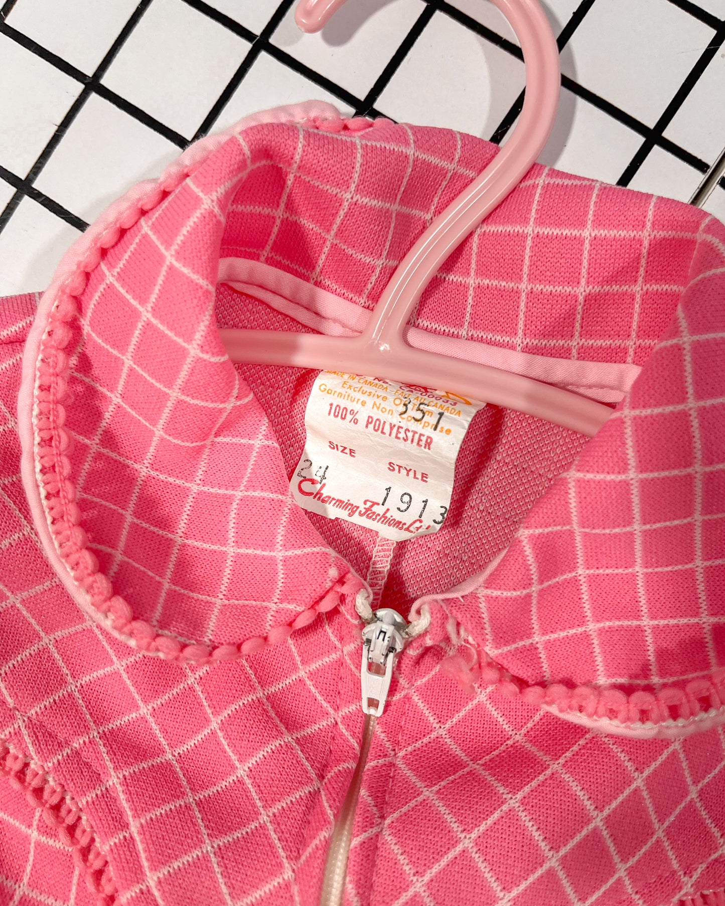 Vintage Pink Tile Pattern Bell Bottom Full Zip Romper - approx size 2T
