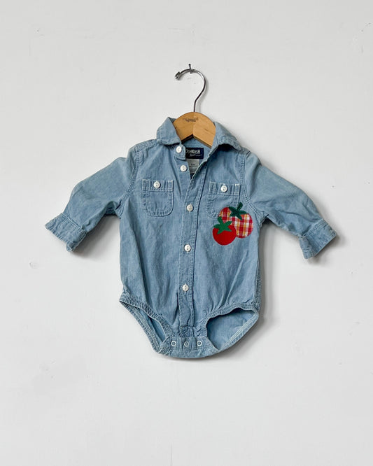 Denim Chambray Tomato Button Up Onesie Overall - Size 6mos