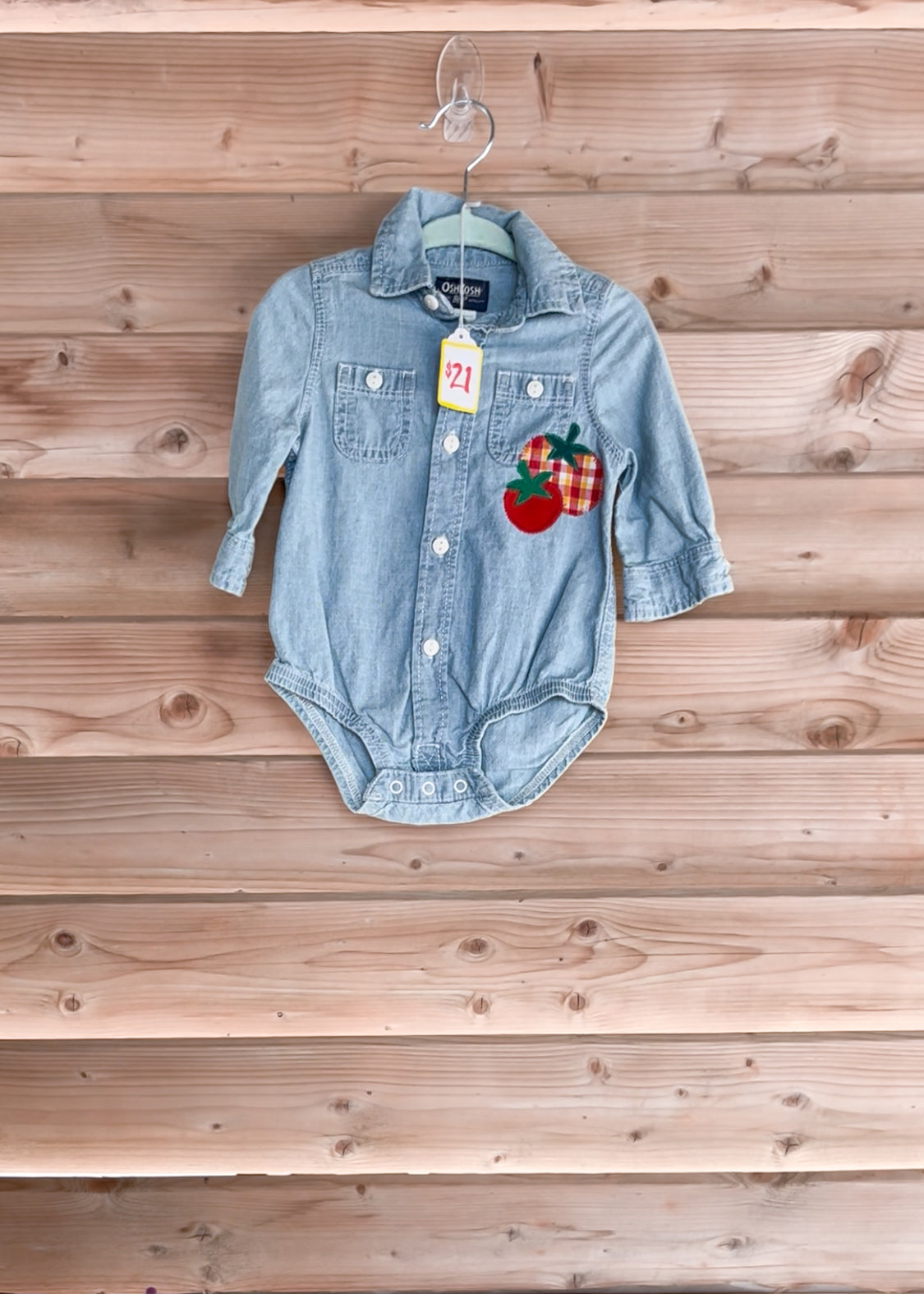 Denim Chambray Tomato Button Up Onesie Overall - Size 6mos