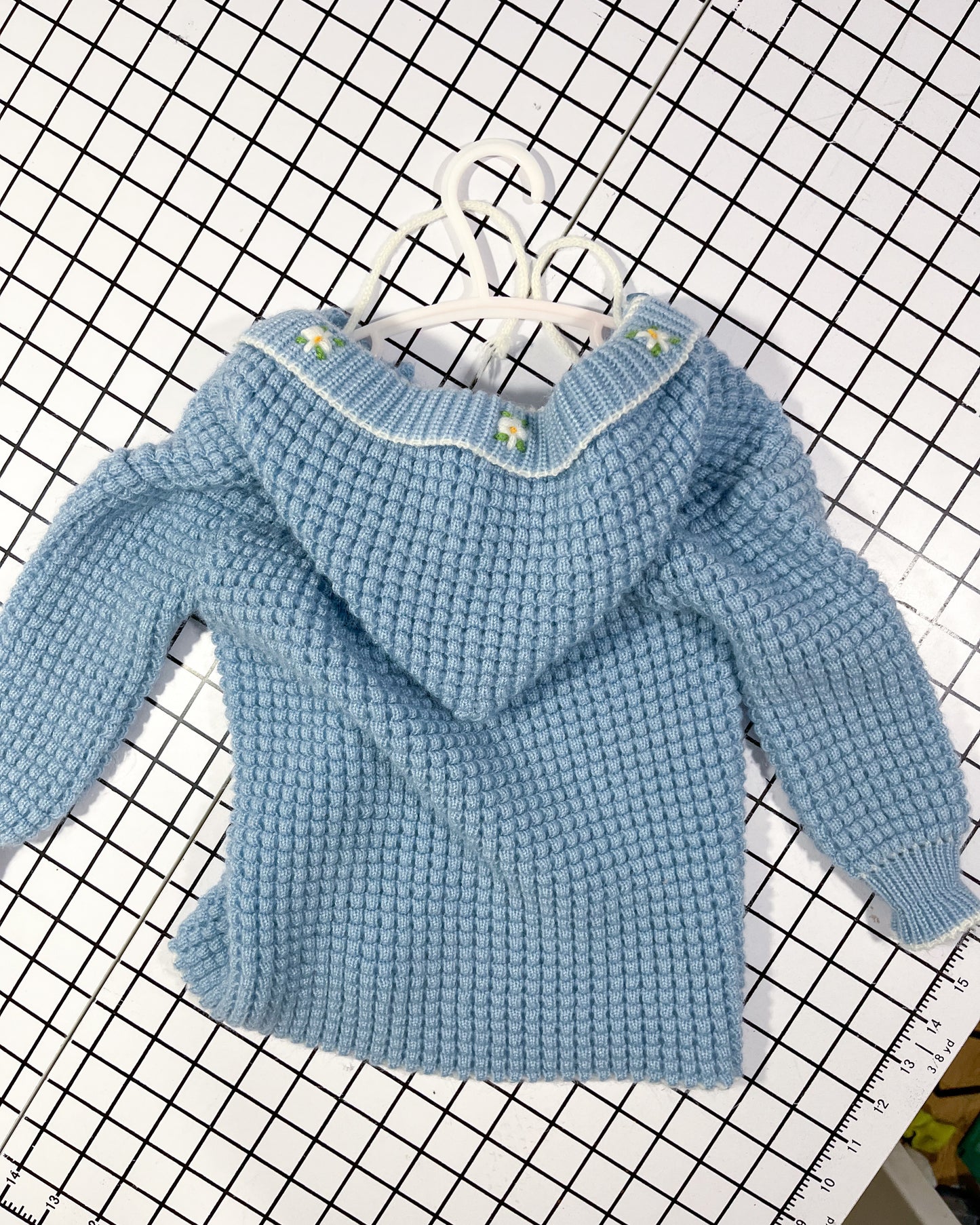 Vintage Handmade Hooded Floral Cardigan - approx size 2T (one Pom Pom missing)