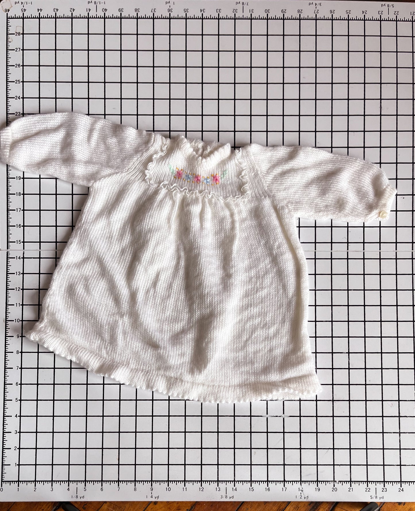 White handknit sleeper dress - embroidered flowers - approx size 12m