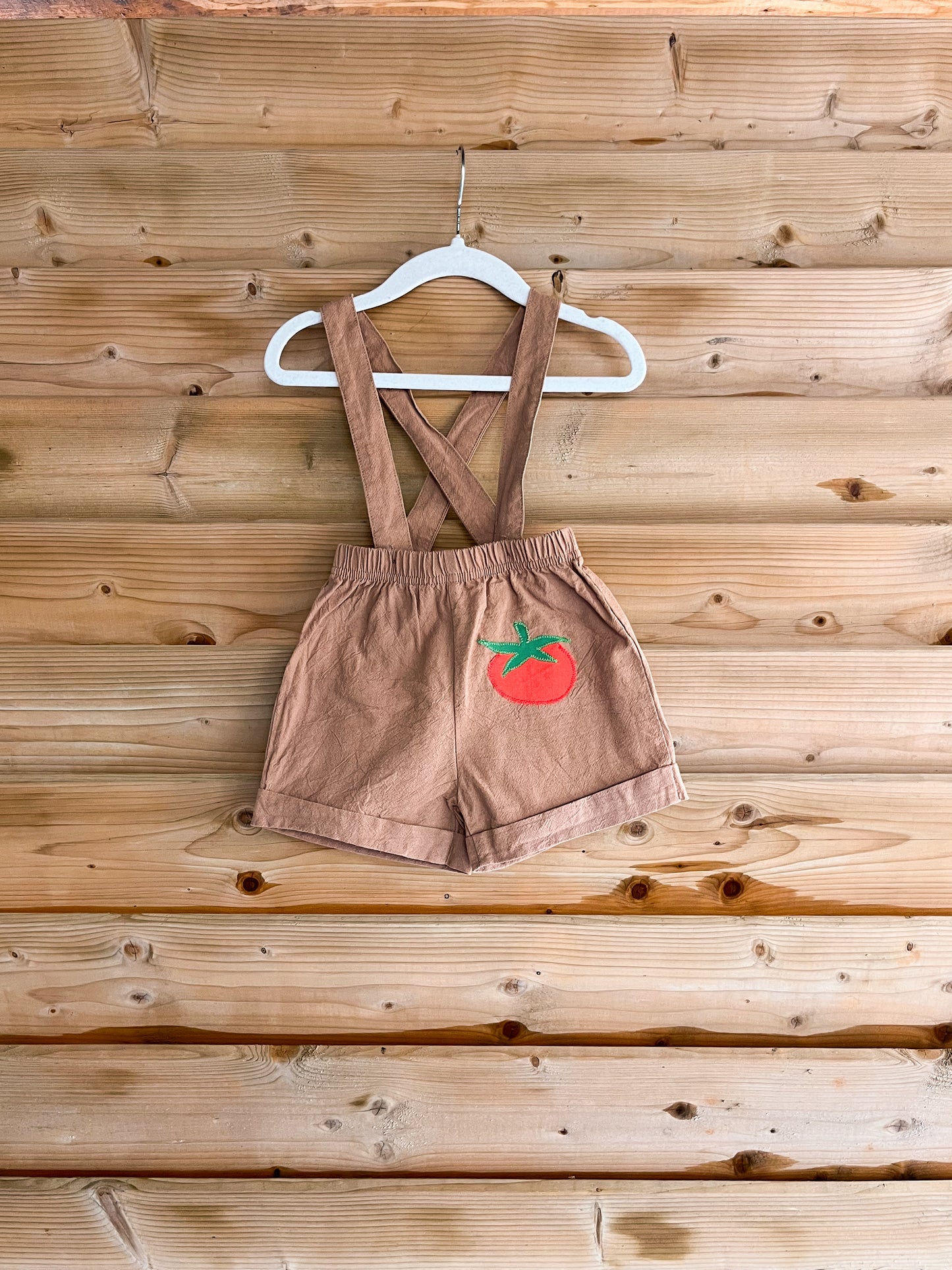 Brown Cotton Tomato Suspender Shorts - size 12mos