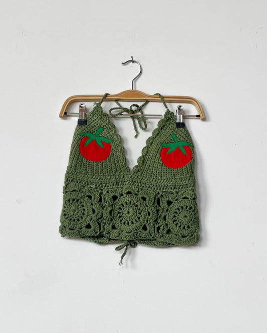Olive Green Crocheted Tomato Halter Top - Women's Size M