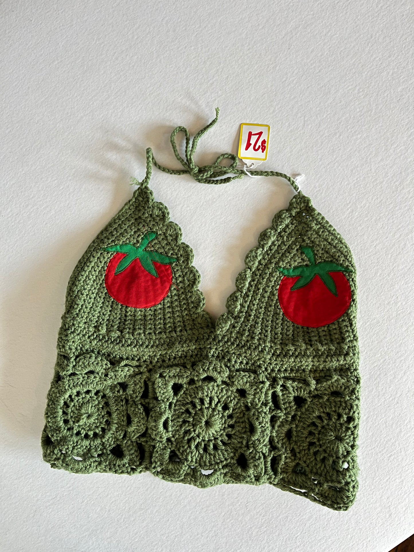 Olive Green Crocheted Tomato Halter Top - Women's Size M